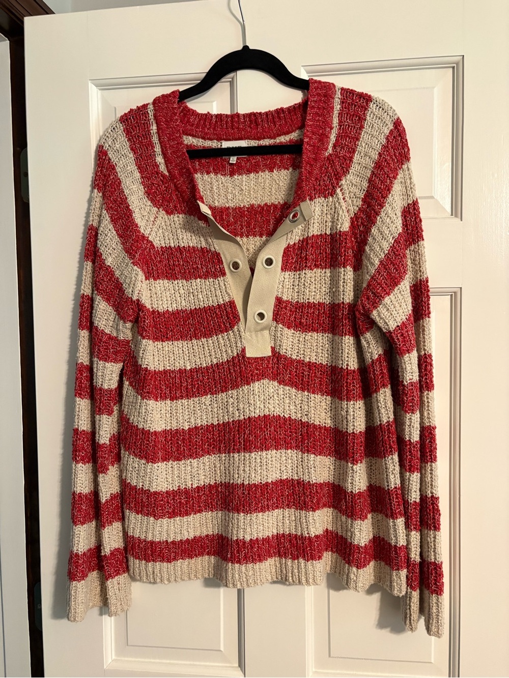 BKE Red and Cream Striped Knit Henley Sweater
